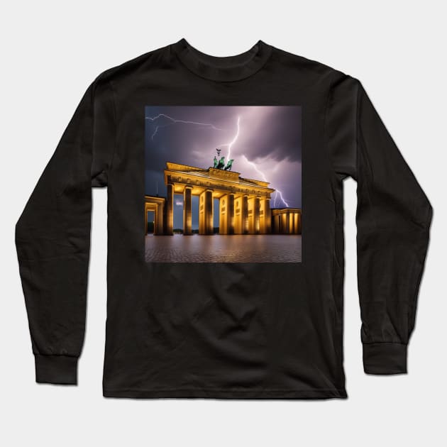 Iconic World Landmarks During A Thunderstorm: Brandenburg Gate Berlin Long Sleeve T-Shirt by Musical Art By Andrew